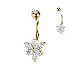 Jewellery With Gems: Marquise CZ Flower Titanium Belly Button Ring - Gold