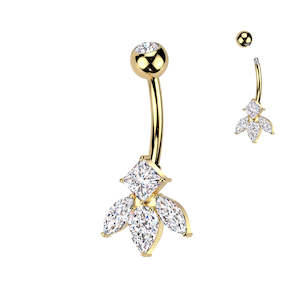 Titanium Jewellery: Marquise And Diamond CZ Flower Titanium Belly Button Ring - Gold