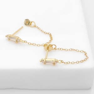 CZ Stud with Chain Earrings - Gold