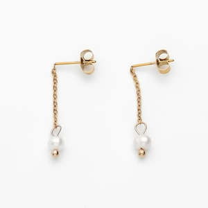 Chunky Earrings: Stainless Steel Freshwater Pearl Dangle Earrings - Gold