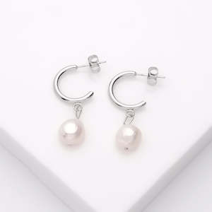 Stainless Steel Baroque Freshwater Pearl Earrings - Silver