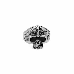 Rings: Stainless Steel Skull Ring with Cross and Script Engraving