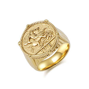 Rings: Stainless Steel Knight Coin Signet Ring - Gold
