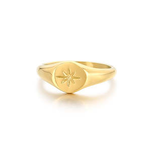 Rings: Stainless Steel Oval Sunburst Signet Ring - Gold