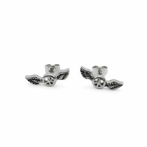 Stud Earrings: Stainless Steel Winged Peace Sign Stud Earrings