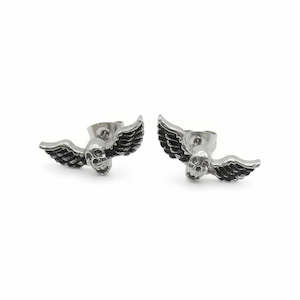 Stud Earrings: Stainless Steel Winged Skull Stud Earrings