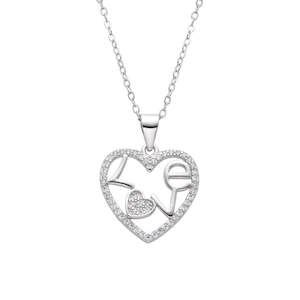 Sterling Silver Necklaces: Sterling Silver Love Heart Pendant Necklace with CZ Accents