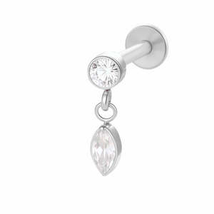 Double CZ Dangle Titanium Flat Back Stud Earrings