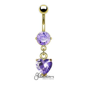14kt Gold Ion Plated Tanzanite Heart Shaped Cubic Zirconia Dangle Belly Button Ring