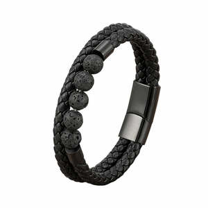 Bracelets: Black Braided Leather Bracelet with Lava Stone Beads