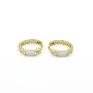 Jewellery With Gems: Marquise Opal and CZ Huggie Hoop Earrings - Gold