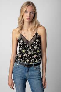 Camisoles Slips: Zadig & Voltaire Christy Soft Crinkle Roses Camisole - Noir