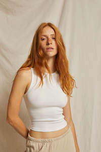 Perfect White Tee: Perfect White Tee Gigi High Neck Cropped Ribbed Tank - White