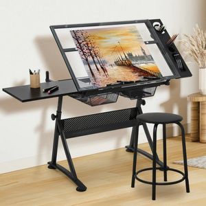 Art Supplies: Adjustable Glass Drafting Table with Stool & Storage