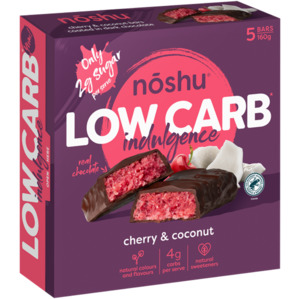 On Sale: Noshu Low Carb Indulgence Cherry & Coconut Bars 160g - Bulk Buy Available - DATED 25/6