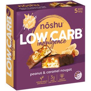 On Sale: Noshu Low Carb Indulgence Peanut & Caramel Nougat Bars 160g - Bulk Buy Available DATED 20/6