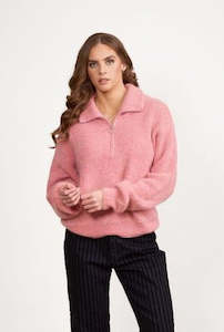 Vassalli: Relaxed Fit Half Zip Sweater with Collar - Rose Pink