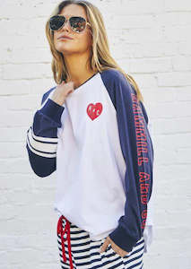 Size 18 Plus: Retro Heart L/L Tee - White/Navy