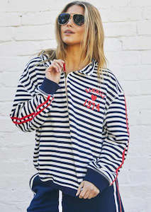 Size 18 Plus: Retro Stripe Collard Zip Sweat- Navy/White