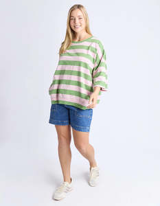 Tops: Mazie Block Stripe Sweat / Forest Green & Pink Lady Stripe