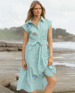 Dresses: Gloria Floral Dress - Floral Green Stripe