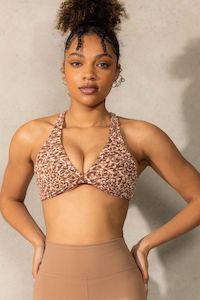 Low Support Sports Bras: Momentum Twist Sports Bra | Mocha Leopard