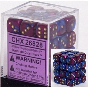 D6 Dice Sets: CHX 26828 Gemini 12mm d6 Blue-Purple/gold Block