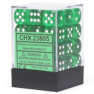 D6 Dice Sets: CHX 23805 Translucent 12mm d6 Green/white Block