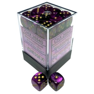 D6 Dice Sets: CHX 26840 Gemini 12mm d6 Black-Purple/Gold Block (36)