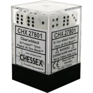 D6 Dice Sets: CHX 27801 Frosted 12mm d6 Clear/Black Block (36)