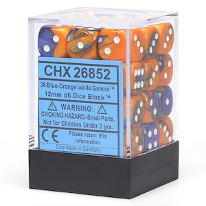 D6 Dice Sets: CHX 26852 Gemini 12mm d6 Blue Orange/White Block (36)