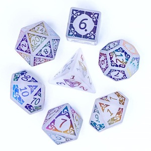New Now In Stock: Gemstone Dice | White Quartz w/ Rainbow Foil Celtic Knot | Set of 7