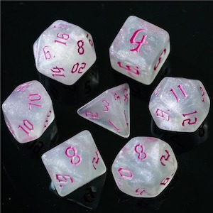 Acrylic Dice: RPG Dice | "Moonstone Thorns" Magenta Ink | Set of 7