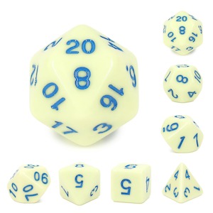 Featured Dice: Polyhedral Dice Set | Acrylic | Pastel Eggshell (Blue Ink) | Set of 7 (D0144)