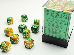 Dice 1: Chessex | d6 Dice Block | Acrylic | Gemini Gold-Green/white 12mm d6 (36 Dice) (CHX 26825)