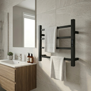 Straight Square Towel Warmer 4 Bar Ladder Black + Timer
