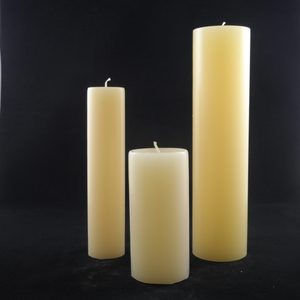 Products: Festival Junior Candle-Cream-65x140mm (Short candle in middle). Made in NZ - Golden Glow Candles