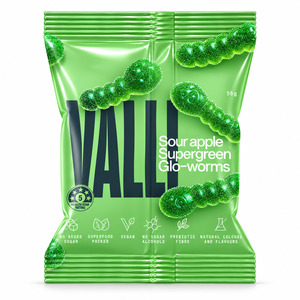Valli Superfood Gummies: VALLI Sour Apple Supergreen Glo-Worms 50g