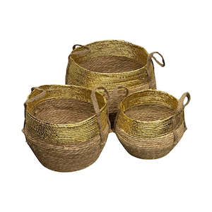 Plant Supplies: Seagrass Planter Baskets - Set Of 3 Gold