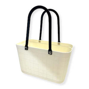 Fabric Bins: Linen patterns white Shopping basket with handles - L