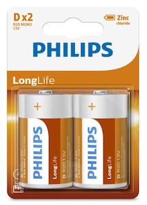 Office Supplies: Philips Long Life Battery - Orange, D Size (2)
