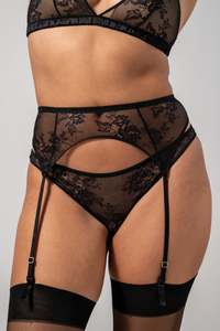 Products: Lace suspender with sheer, floral motif.