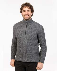 Silver Grey Arran Half Zip Merino Sweater - NS434