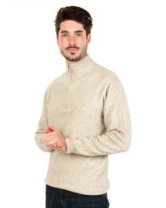 Mens Knitwear Sweaters: Natural Lightweight Half Zip Merino Sweater - NB336