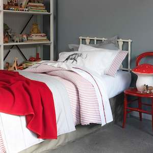 Cotton Duvet Cover Sets: Madder Red Scarlet Ticking Stripe Duvet Cover Set with Striped Cuffed Pillowcase