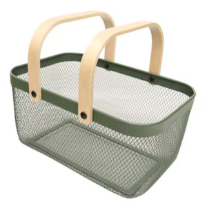 Home Decor: Mesh Basket Bamboo Handle Green