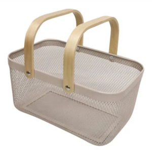 Home Decor: Mesh Basket Bamboo Handle Ivory