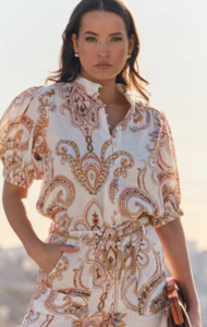 Womens Clothing: Lilian Short Sleeve Linen Top  (Print )
