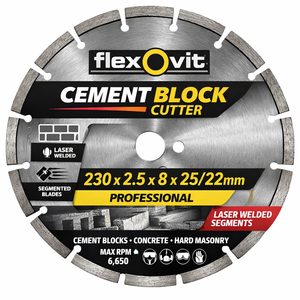 Products: LASER WELDED 230 x 2.5 x 8 x 25/22mm CEMENT BLOCK CUTTER FLEXOVIT SEGMENTED BLADES - Grandas