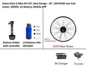 E Bike Kits: E-Bike DIY Kit - 26" , 36V 350W rear motor, 10Ah LG Battery, APP